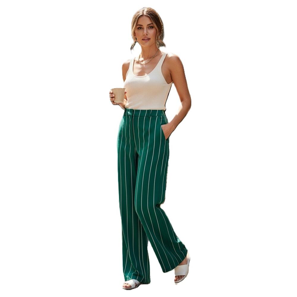 H&M Suit Pants Women's Green & White Woven Stripe  High Waist Wide Leg Trouser 2